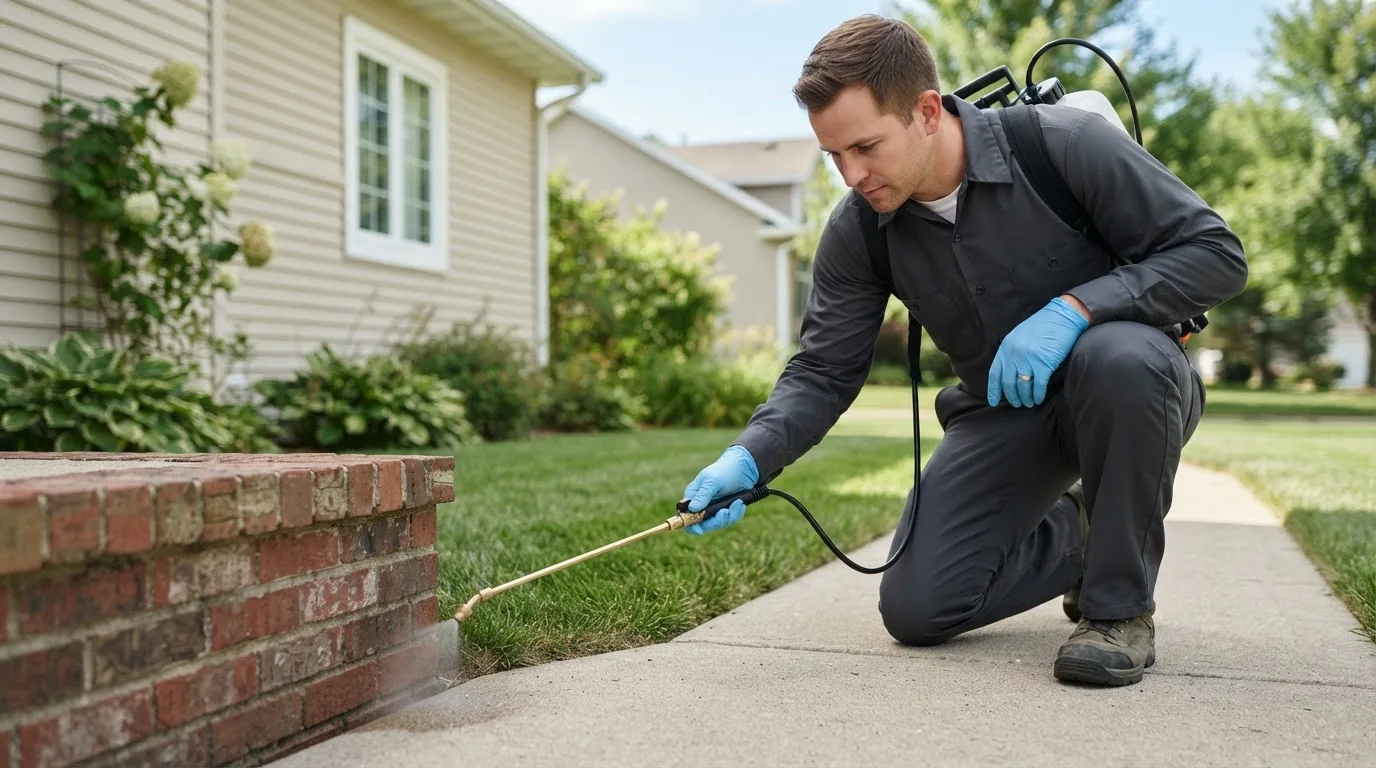 Pest control technician treating a home near Houghton Lake Heights, MI