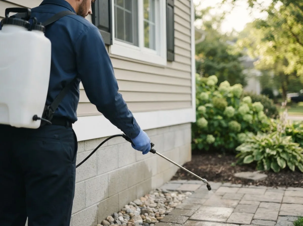 Pest control technician inspecting a home in Houghton Lake Heights, MI
